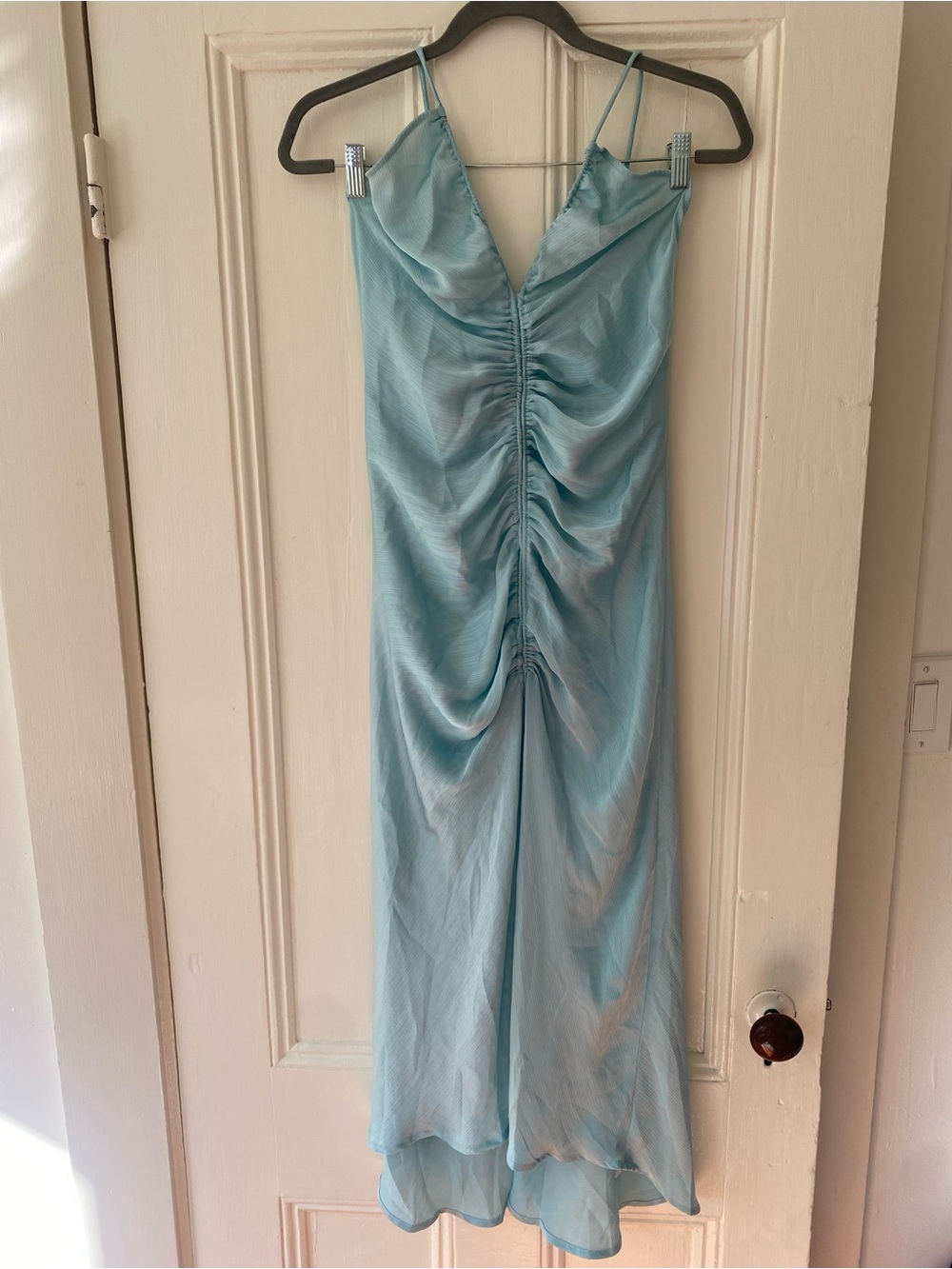 Free People Sky Blue Ruched Midi Slip Dress